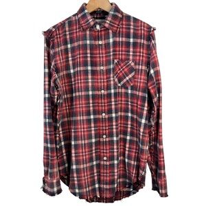 R13 Red Plaid Shredded Seam Shirt Size XS Japanese Fabric Long Sleeve Flannel